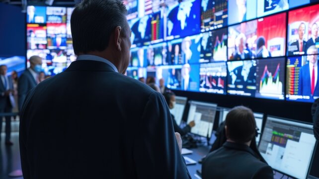 Technicians monitor and manage live broadcast feeds in a control room during an event