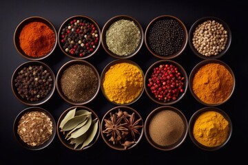 Top view of various spices in bowls isolated on white background. Copy space