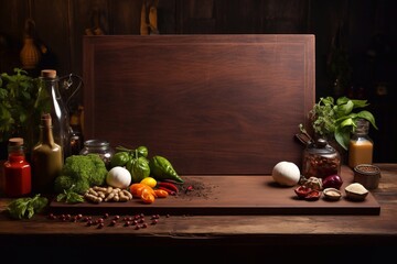 Dark vintage wooden podium board for product display with culinary ingredients