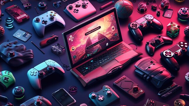 Gamer work space concept. gaming set up. top view of a gaming gear, keyboard, mouse, gamepad, joystick, headset and a smartphone on a colorful desk

