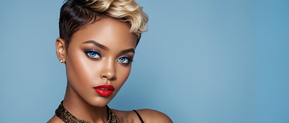 A detailed close-up of a female face, a black woman, highlighting her bright blue eyes, bright red lipstick and stylish short blonde hair on a warm neutral background.