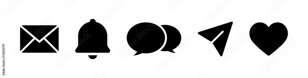 Poster love, like icon. notification bell icon. envelope message icon. chat speech bubble icon. share icon 