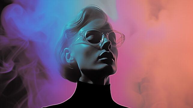 Abstract portrait of a person with gradient aura in blue and pink, exuding a cool, mysterious vibe.