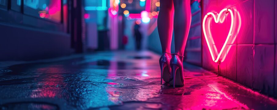 Close-up female legs in High heels on grunge street background with neon heart shape light. Neon Love Silhouette, copy space. 