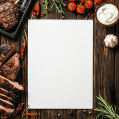 Naklejka na ściany i meble Clean and sleek blank white menu template for a barbecue restaurant. Ideal for digital or print menus, restaurant websites, and promotional materials, suit the restaurant's branding and style.