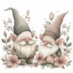 Adorable kawaii spring gnomes against a white background with soft pastel colors and delicate flowers. Perfect for spring-themed decorations, greeting cards, and children's products.