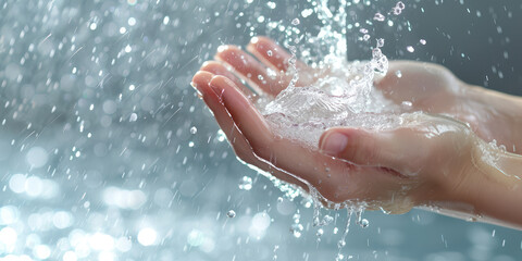 Female hands catching clean water splash. Fresh Water Splashes in Woman's Hands.