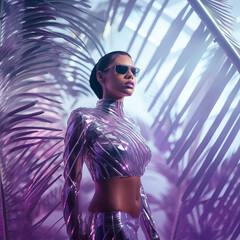 Pretty beuatiful woman posing, dressed in a suit made of palm leaves, futuristic, wearing heels, holographic purple with sunglasses.