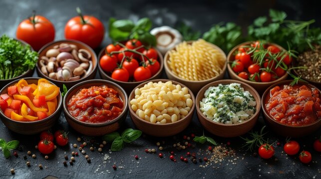"Assortiment d'ingr&eacute;dients frais et de plats cuisin&eacute;s sur fond sombre"
