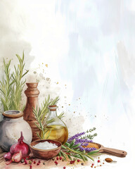 Charming watercolor recipe background with ample copy space, perfect for food blogs, cookbook covers, and culinary websites.