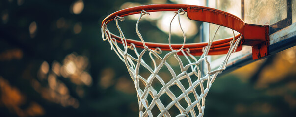Urban Weathered basketball hoop close-up. Classic street basketball hoop with net, copy space. - obrazy, fototapety, plakaty