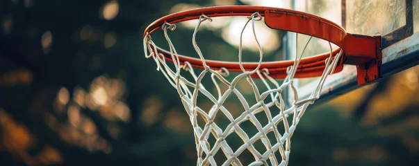 Fotobehang Urban Weathered basketball hoop close-up. Classic street basketball hoop with net, copy space. © SnowElf
