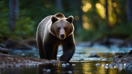Grizzly bear on the river. Dangerous animal in natural habitat walking towards camera. Wildlife scene from nature.