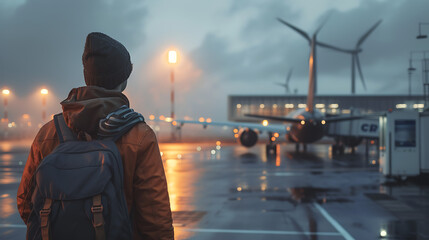 travel concept Rear view. Female tourist holding luggage waiting for flight at airport station, vacation, transportation, travel, generative AI