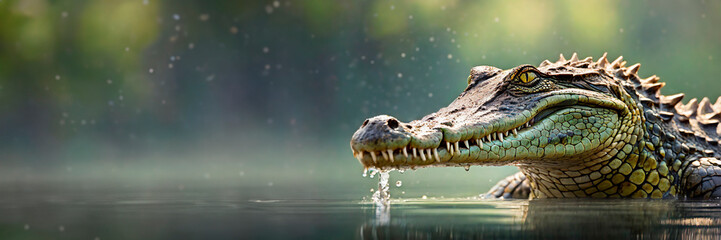 Large crocodile in water. Panoramic banner with copy space - obrazy, fototapety, plakaty