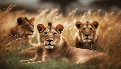 lions resting in tall grass with warm afternoon light - Powered by Adobe