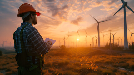 Rear view of chief engineer analyzing renewable energy from farm in morning With wind turbine Clean and green energy Operations to produce electricity Renewable energy concept, electric power
