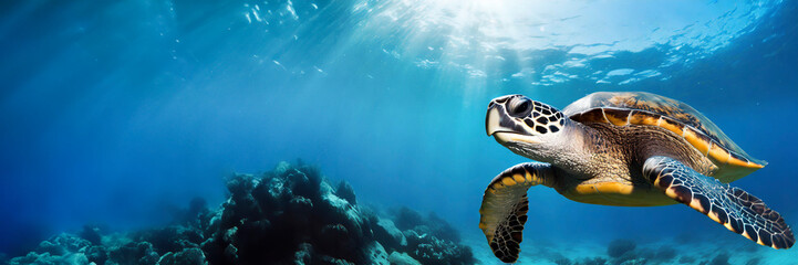 Hawaiian Green Sea Turtle swimming underwater. Panoramic banner with copy space