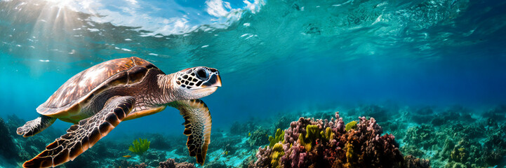 Fototapeta premium Hawaiian Green Sea Turtle swimming underwater. Panoramic banner with copy space