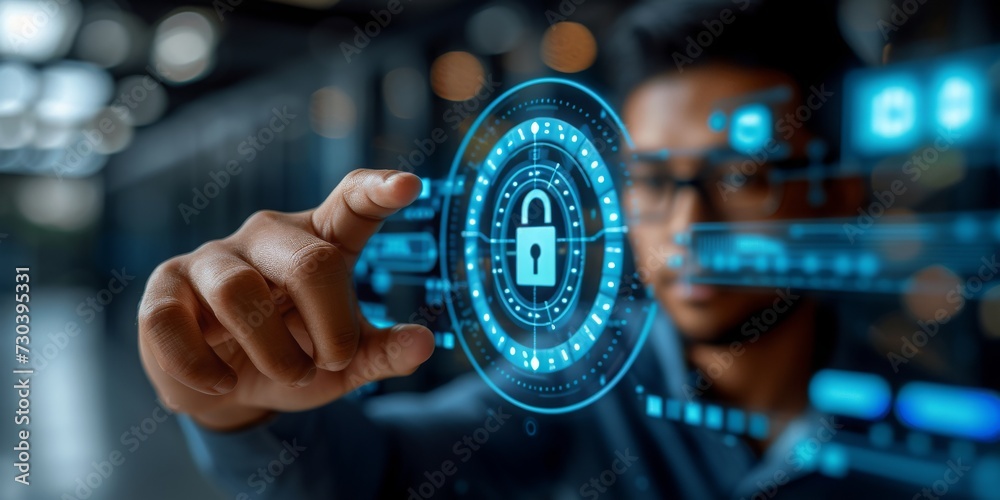 Poster digital guardian: a man holds a cybersecurity lock symbolizing data protection and information safet
