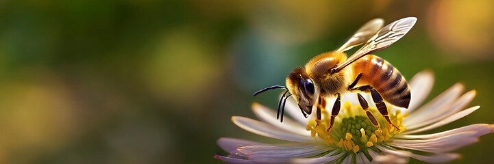 Naklejka premium Bee on flower in the nature. Macro photography.