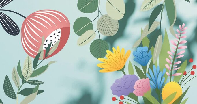 Animation of colourful plants and flowers over shadows