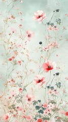 A painting of pink flowers on a blue background