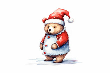 Obraz premium A charming watercolor illustration featuring a bear adorned in Santa's hat