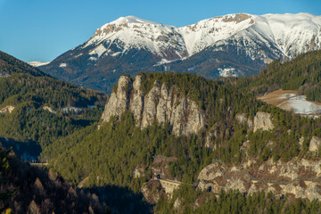 Mountains raiway near Semmering spa town in Austria winter Alps without snow
