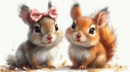 A painting of two little rabbits with bows on their heads