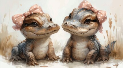 A painting of two turtles with bows on their heads