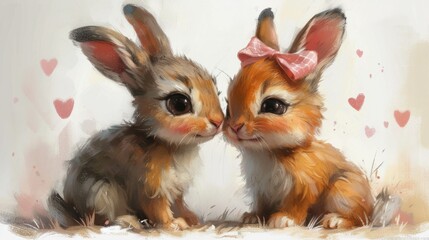 A painting of two bunnies sitting next to each other