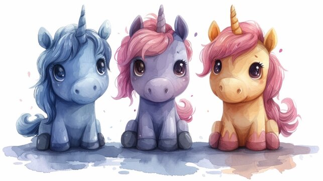 Three cute little unicorns sitting next to each other