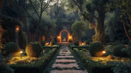 Tuinposter Bosweg A pathway in a garden with lights on