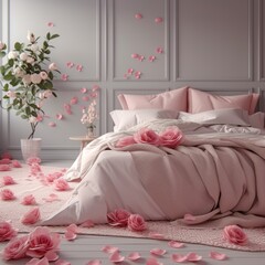 A bed with pink flowers on it in a room