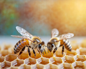 Close up view of the working bees on honey comb cells. Beekeeping concept