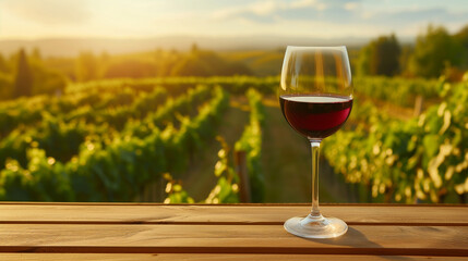 Glass of red wine on vineyard background. Tuscany, Italy