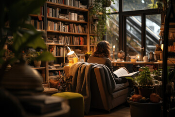 A person reading a book in a cozy home library, emphasizing the love for literature and quiet...