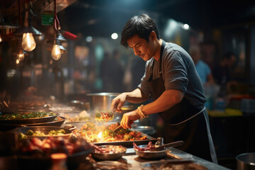 A street food vendor preparing local delicacies, showcasing culinary diversity and culture. Generative Ai.