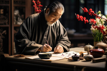 A person practicing calligraphy, symbolizing the art of writing and tradition. Generative Ai. - Powered by Adobe