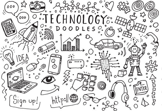 Technology doodles, hand drawn vector elements on white paper