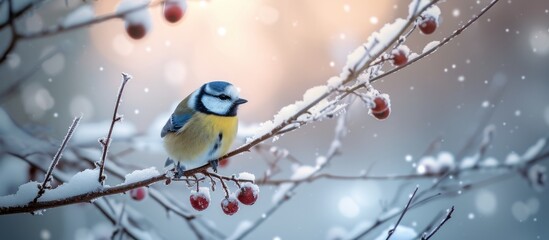 Eurasian Blue Tit in a winter forest.