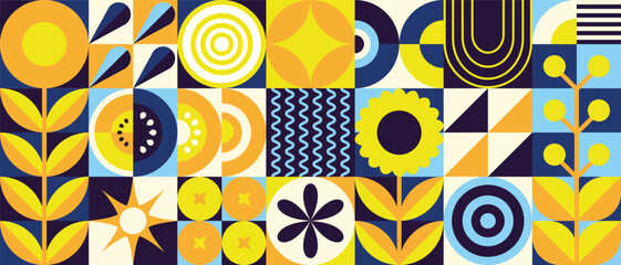 Small set of abstract geometric agriculture concept pattern in fabric style. A collage of plants of simple forms. Ukrainian color scheme - obrazy, fototapety, plakaty