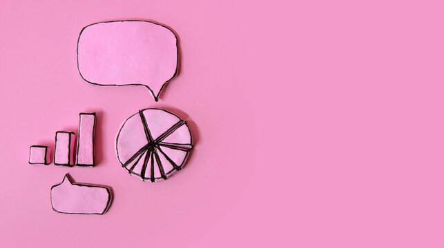 Banner with financial statements chart and speech bubble. Pie chart. Statistical data. Business concept. Marketing strategy, research. 3d chart show success of business strategy