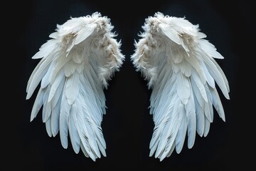 Angel wings isolated on the black background, fantasy feather wings for fashion design, cosplay and dress up party