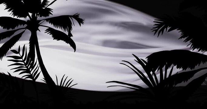 Animation of silhouettes of palm trees and cloth over black background