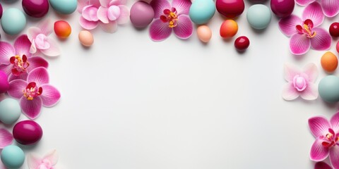 Orchid background with colorful easter eggs round frame