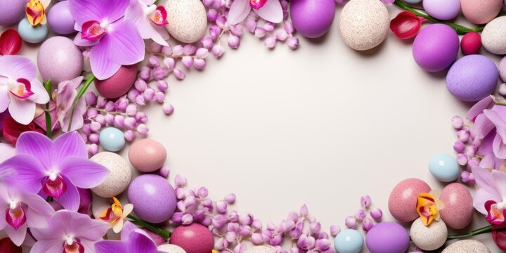 Orchid background with colorful easter eggs round frame