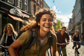 A group of friends exploring a city on bicycles, highlighting urban adventure and friendship. Generative Ai.