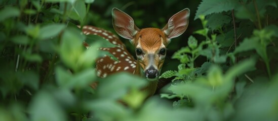 Hidden among the plants, a small, white-tailed fawn emerges.